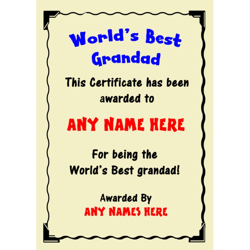 Grandad Best In The World Award Personalised Certificate – The Card Zoo