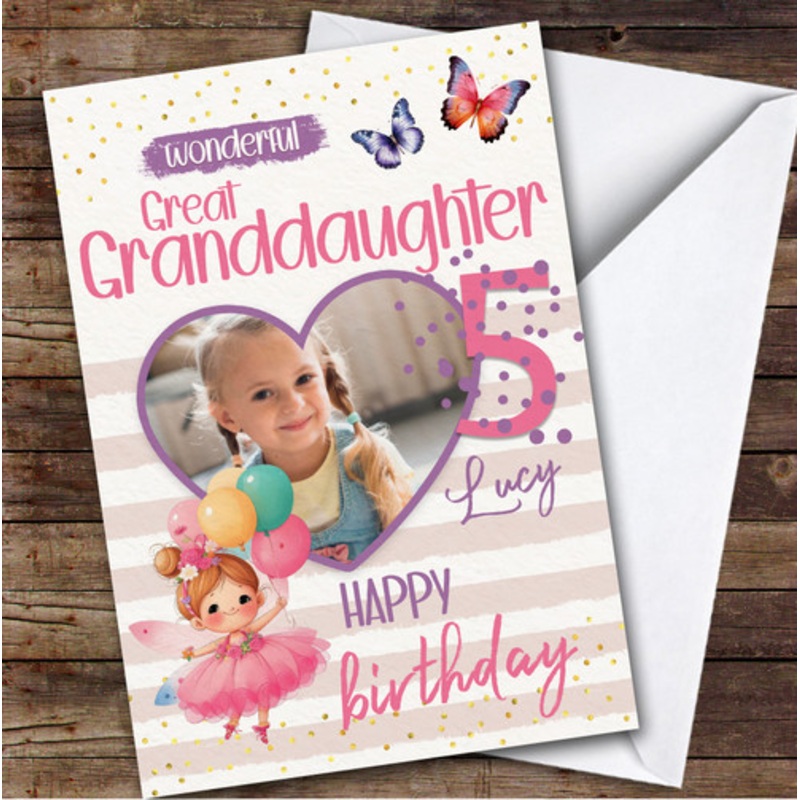 Great Granddaughter 5th Fairy Balloons Heart Photo Personalised Birthday Card – The Card Zoo