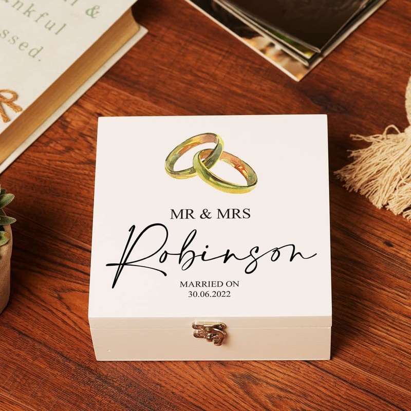 Personalised Wedding Keepsake Wooden Box Gift With Gold Ring Design