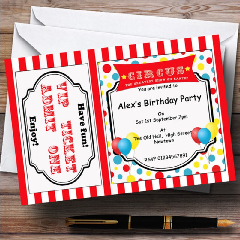 Spoof Circus Ticket Red Theme Personalised Birthday Party Invitations – The Card Zoo