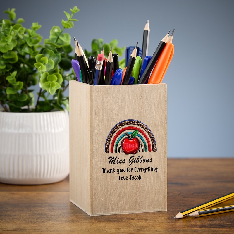 Teacher Pencil Holder Personalised Wooden Pen Pot Gift With Rainbow