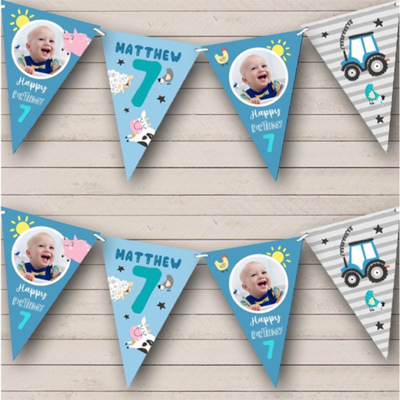 7th Birthday Boy Baby Farm Animals Tractor Photo Any Age Personalised Bunting – The Card Zoo