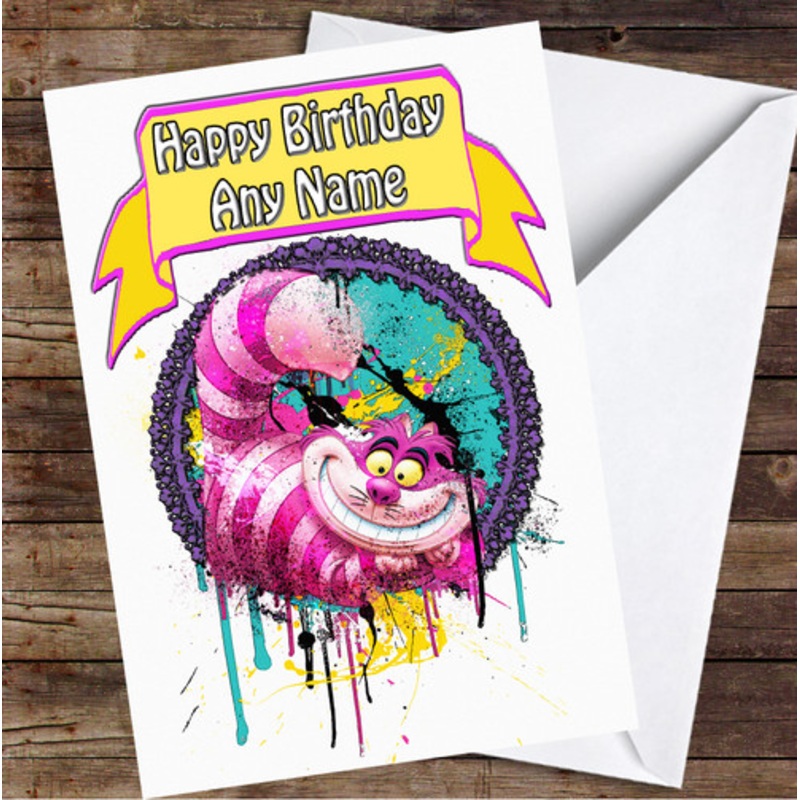 Cheshire Cat Alice In Wonderland Circle Splatter Drip Personalised Birthday Card – The Card Zoo
