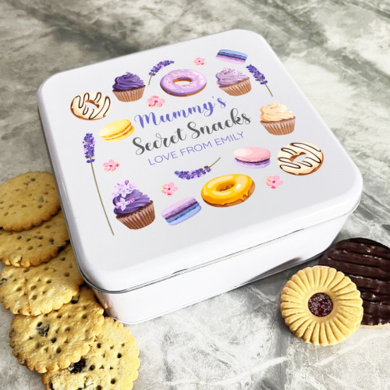 Personalised Square Mummy’s Secret Snacks Sweets Biscuit Sweets Cake Treat Tin – The Card Zoo
