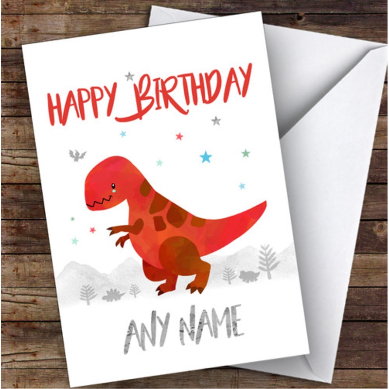 Kid’s Red Dinosaur Watercolour Children’s Kids Personalised Birthday Card – The Card Zoo