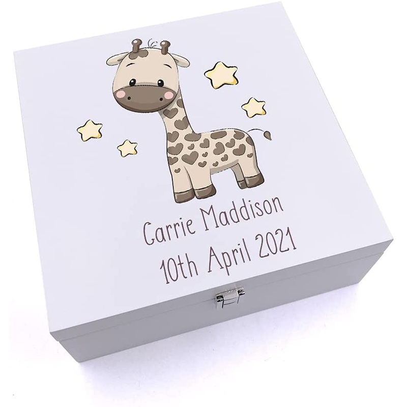Personalised Luxury Wooden Baby Keepsake Box With Cute Giraffe