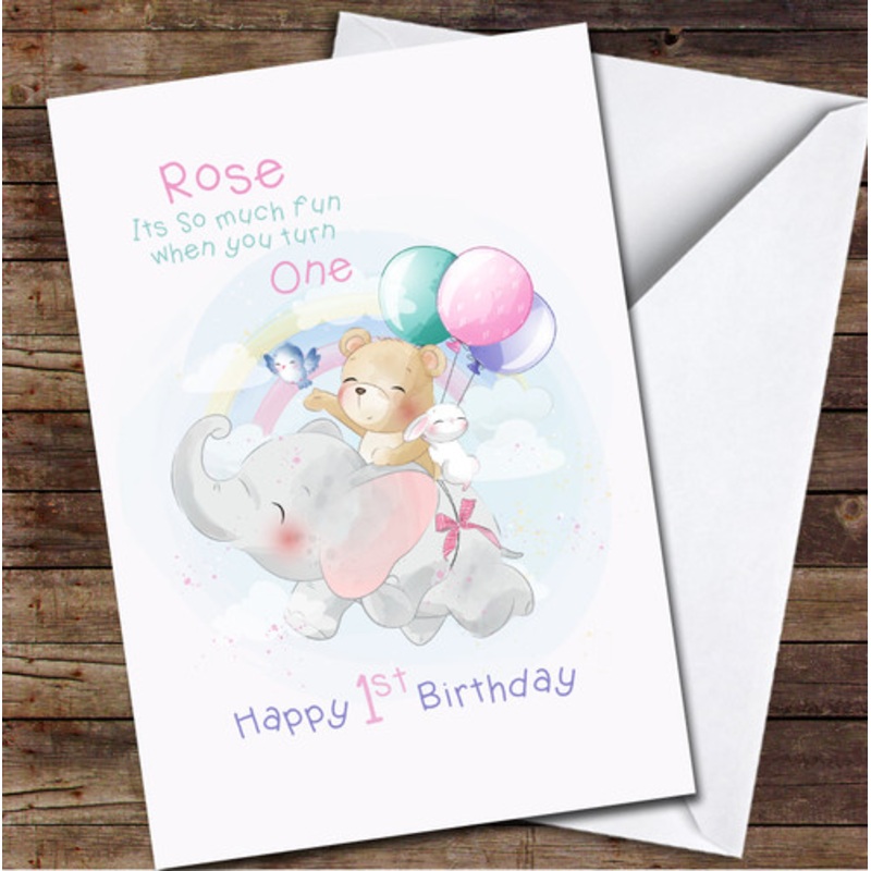 1st Baby Girl Cute Elephant Flying In The Sky With Bear And Rabbit Birthday Card – The Card Zoo