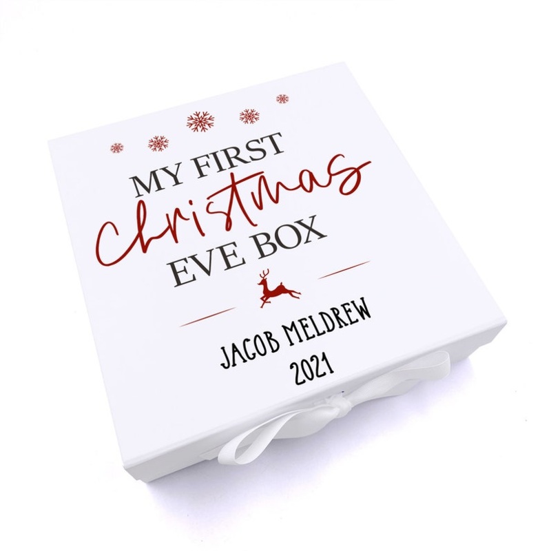 Personalised My First Christmas Eve Box With Reindeer & Snowflakes Design