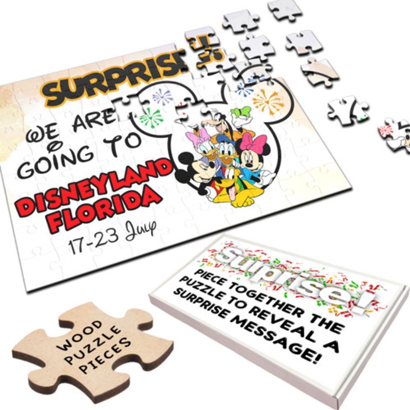 Surprise Going To Disneyland Florida Announcement Gift Custom Wood Jigsaw Puzzle – The Card Zoo