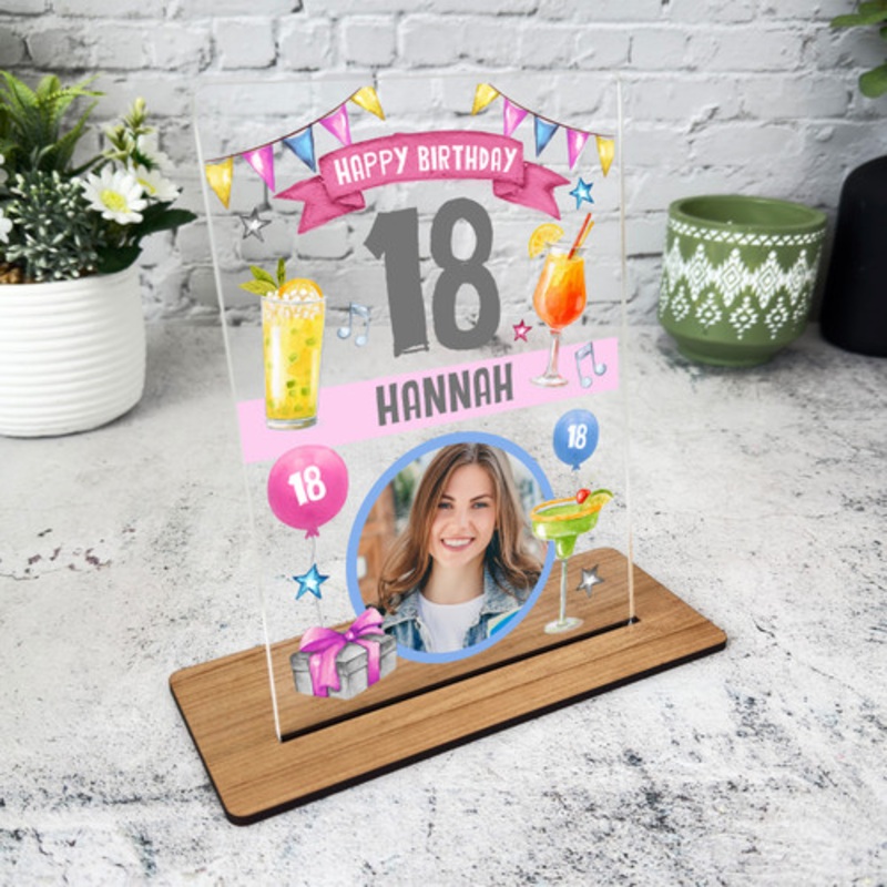 18th Birthday Gift For Her Cocktail Music Girl Pink Photo Personalised Plaque – The Card Zoo