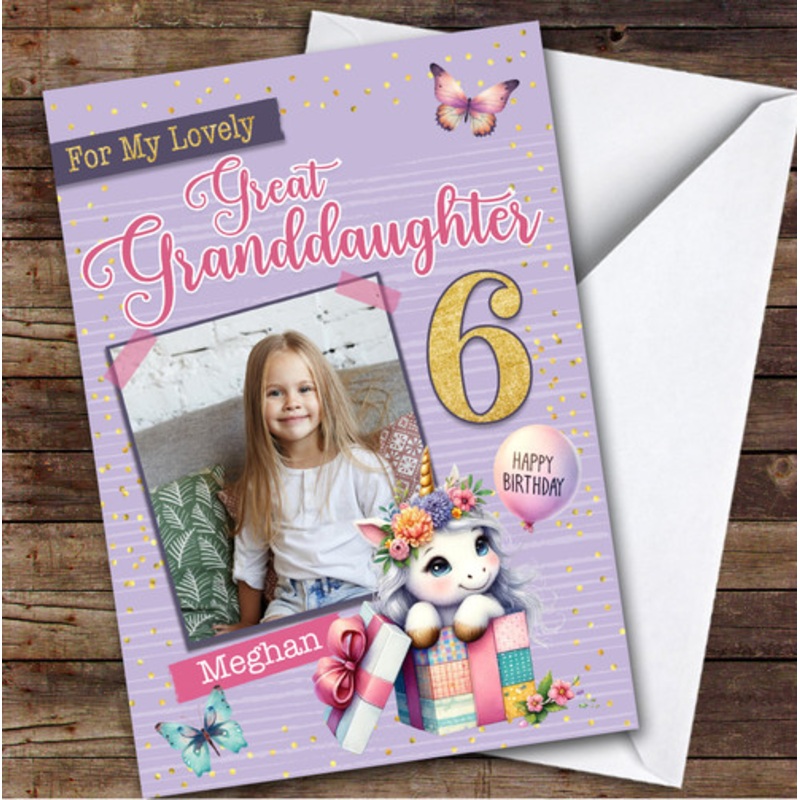 6th Great Granddaughter Purple Unicorn Photo Custom Personalised Birthday Card – The Card Zoo