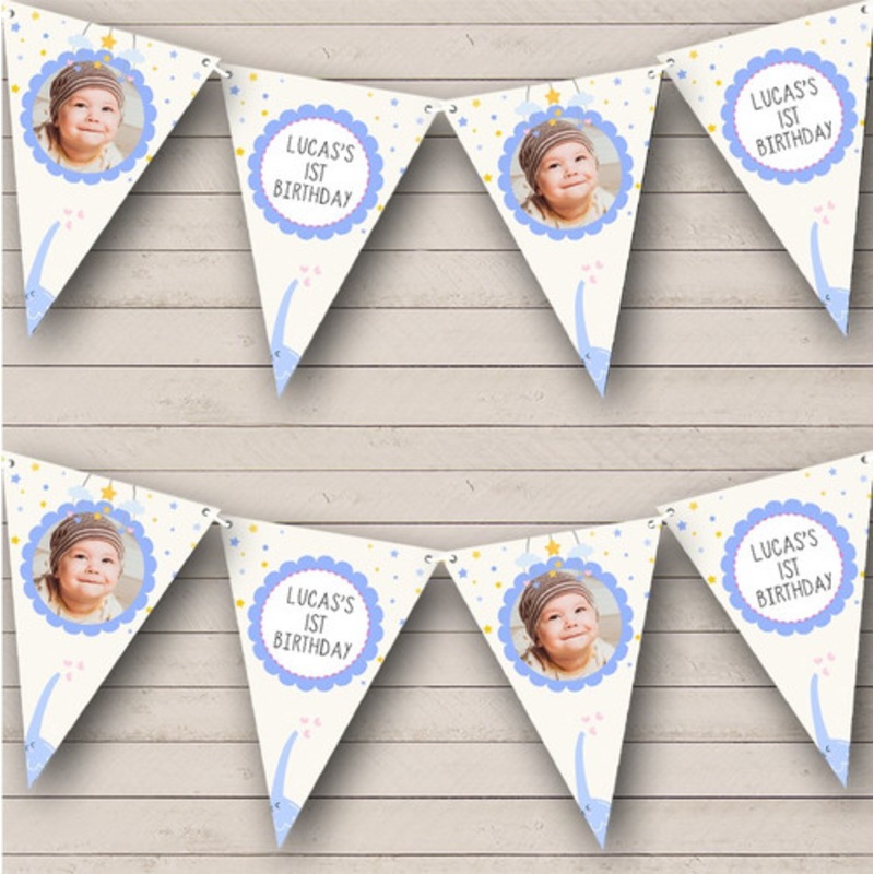 Baby Boy First Birthday Cute Elephant Pastel Photo Personalised Banner Bunting – The Card Zoo