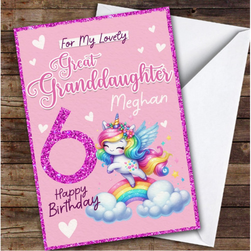 Great Granddaughter 6th Rainbow Unicorn Custom Personalised Birthday Card – The Card Zoo