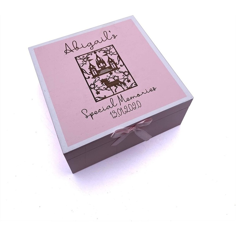 Personalised Baby Girl Pink Keepsake Memories Box Unicorn and Castles