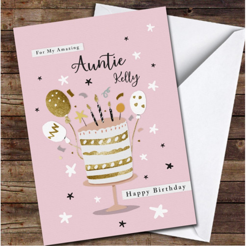 Pink Auntie Gold White Cake With Balloons and Candles Personalised Birthday Card – The Card Zoo
