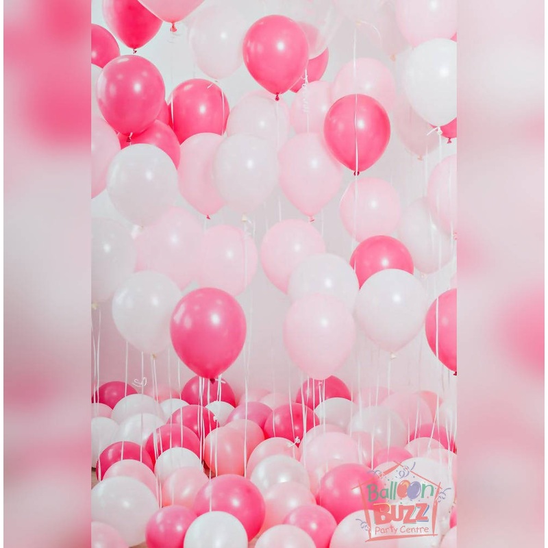 Pink, White And Metallic Rose Balloons For Backdrop With Helium And Air Balloons