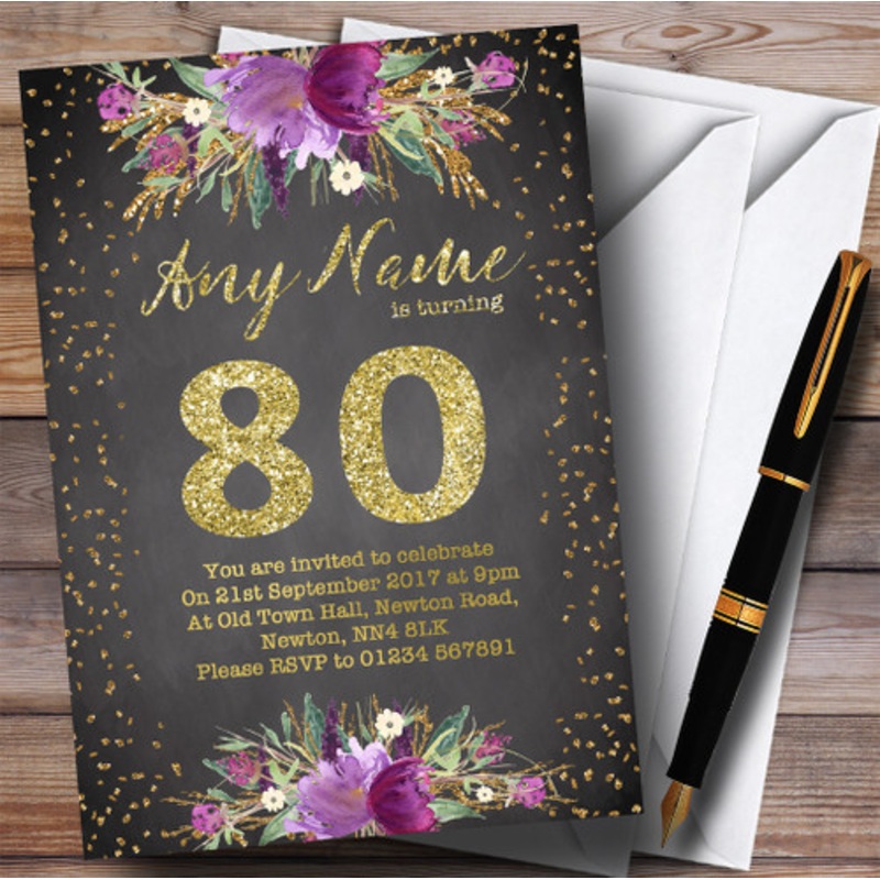 Chalk Watercolour Purple Gold 80th Personalised Birthday Party Invitations – The Card Zoo