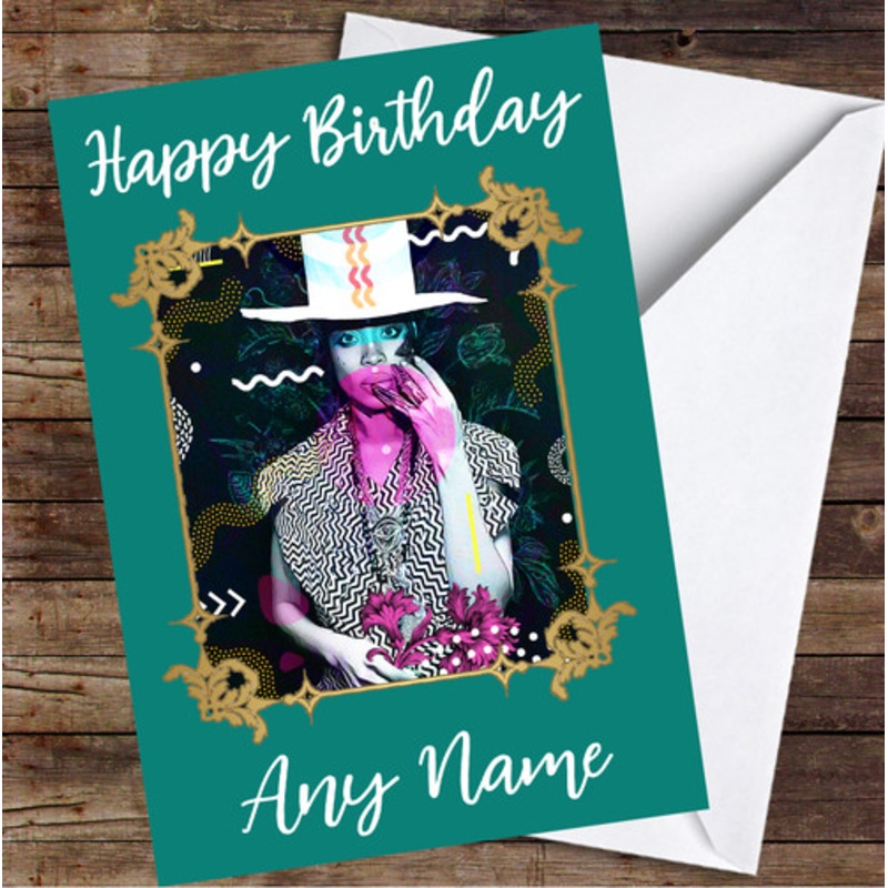 Erykah Badu Funky Gold Frame Turquoise Personalised Birthday Card – The Card Zoo