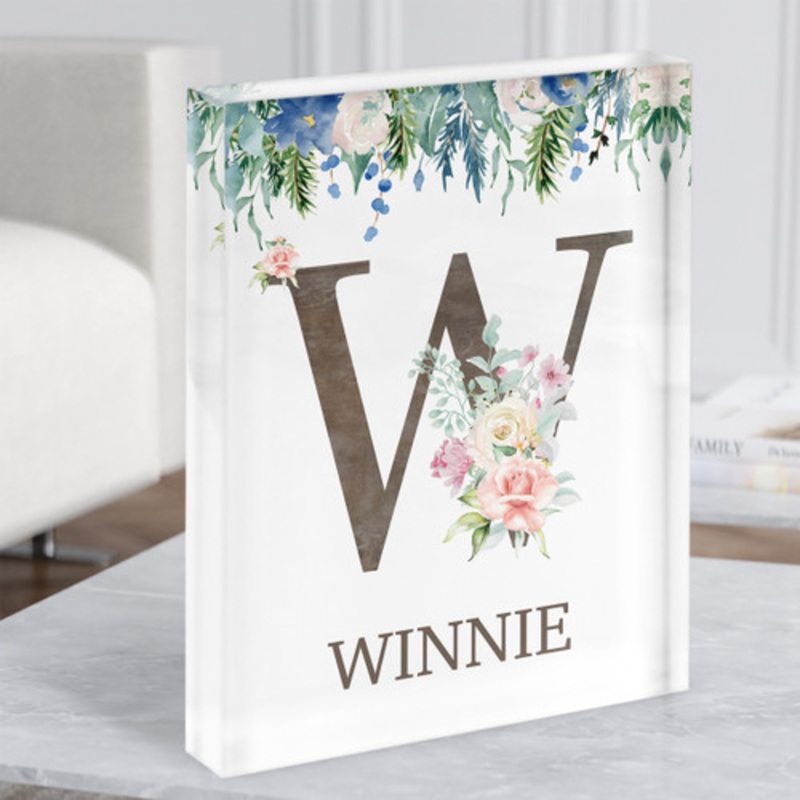 Floral Any Name Initial W Personalised Acrylic Block – The Card Zoo