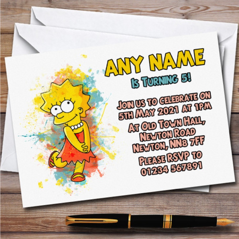 Lisa Simpson Watercolour Splatter The Simpsons Birthday Party Invitations – The Card Zoo