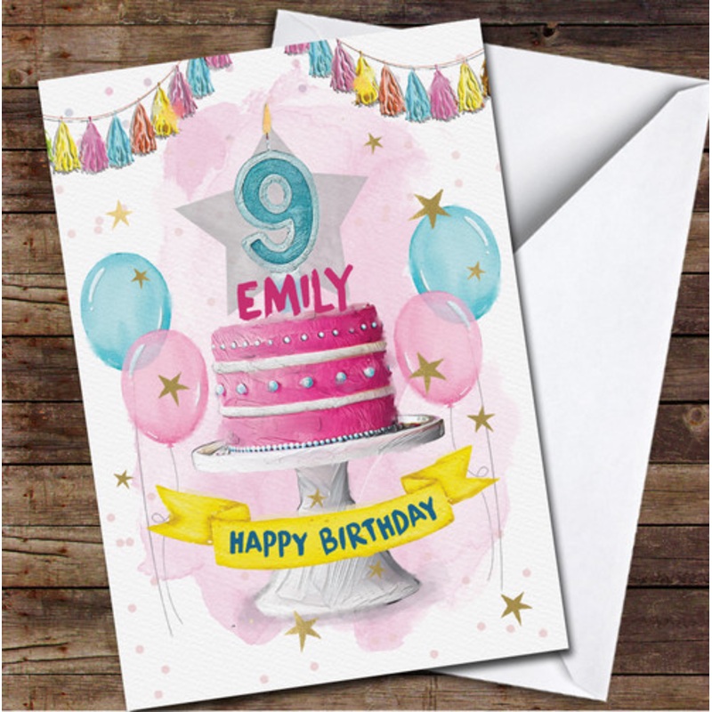 Pink Sparkle Cake Balloons Children’s Age 9 Ninth 9th Personalised Birthday Card – The Card Zoo