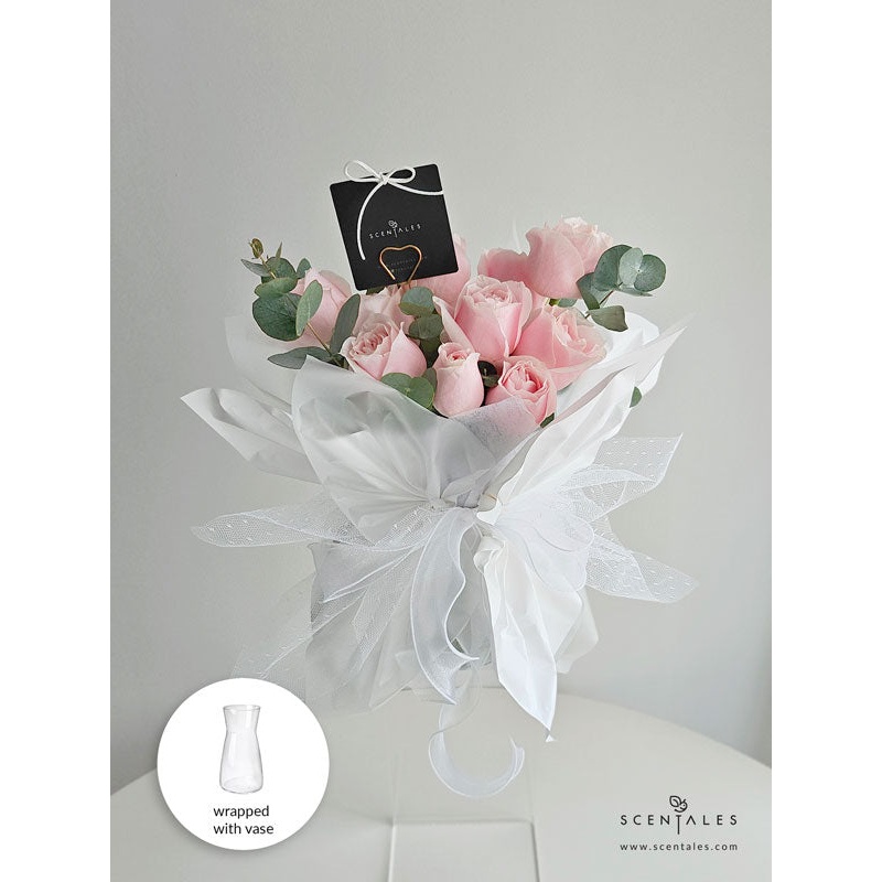 Scentales Minimalist Pink Rose Flower Bouquet with Vase  (Klang Valley Delivery)