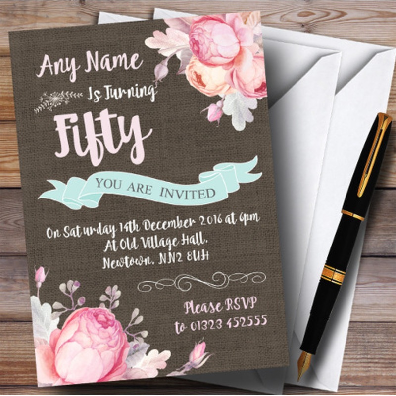 Vintage Burlap Style Floral 50th Personalised Birthday Party Invitations – The Card Zoo