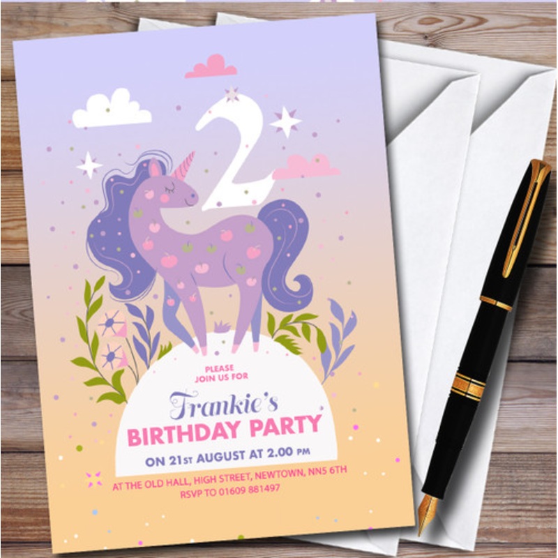 Any Age Purple Unicorn Clouds Personalised Children’s Birthday Party Invitations – The Card Zoo