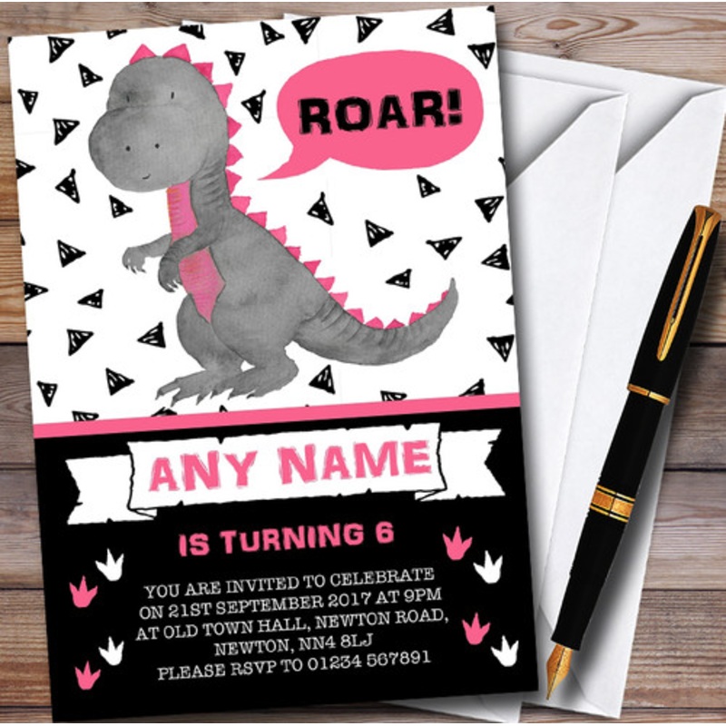 Black and Pink Girls Roar Dinosaur Children’s Birthday Party Invitations – The Card Zoo