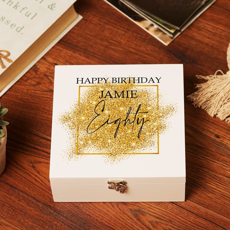 Personalised Medium 80th Birthday Gift Keepsake Wooden Box With Gold Sparkles