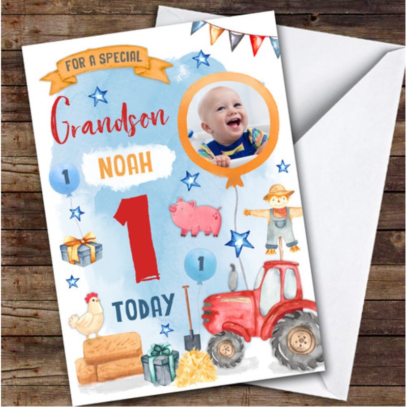 Animal Farm Tractor Photo Grandson 1st Boys Custom Personalised Birthday Card – The Card Zoo