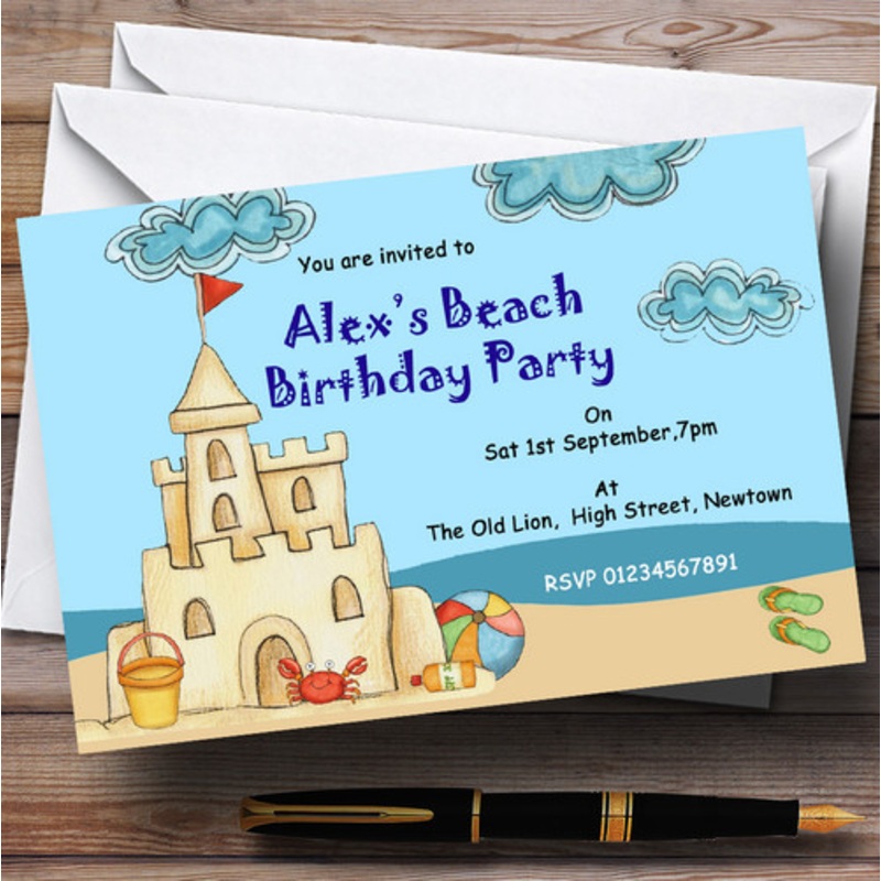Beach Sandcastle Pool Theme Personalised Birthday Party Invitations – The Card Zoo