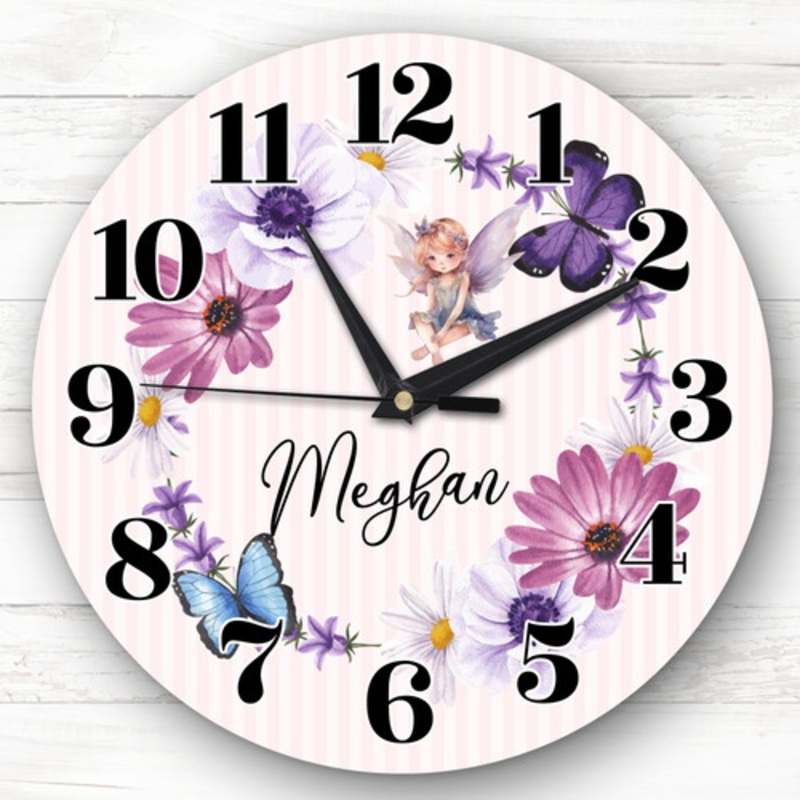 Fairy Pink Purple Floral Butterflies Girls Room Custom Gift Personalised Clock – The Card Zoo