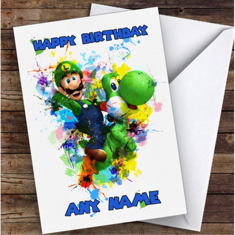 Luigi Watercolour Splatter Mario Children’s Kids Personalised Birthday Card – The Card Zoo