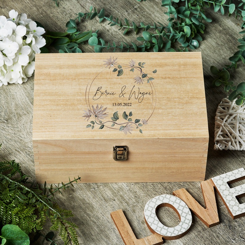 Personalised Large Wedding Wooden Memories Keepsake Box Flower Wreath
