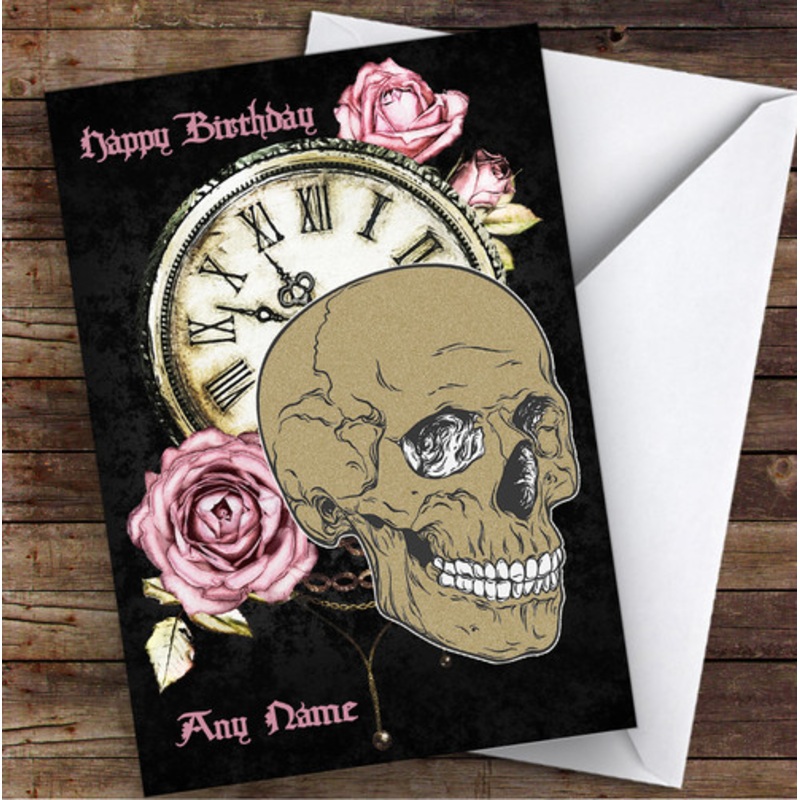 Skull Clock Pink Roses Gothic Personalised Birthday Card – The Card Zoo