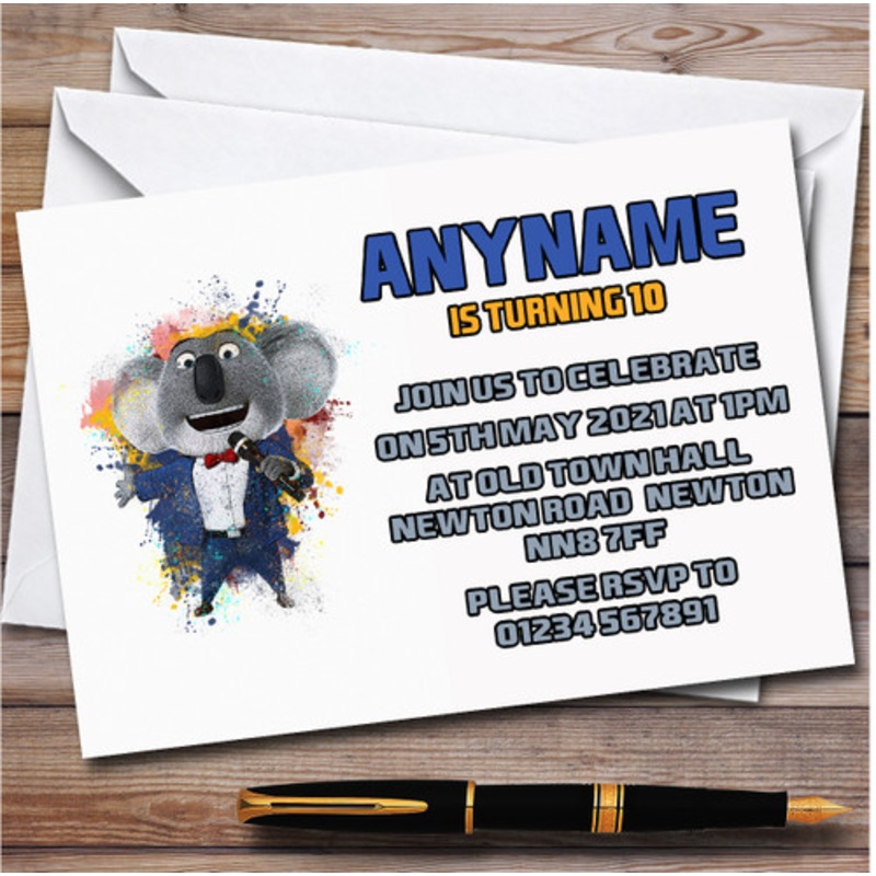 Buster Moon Sing Watercolour Splatter Children’s Birthday Party Invitations – The Card Zoo