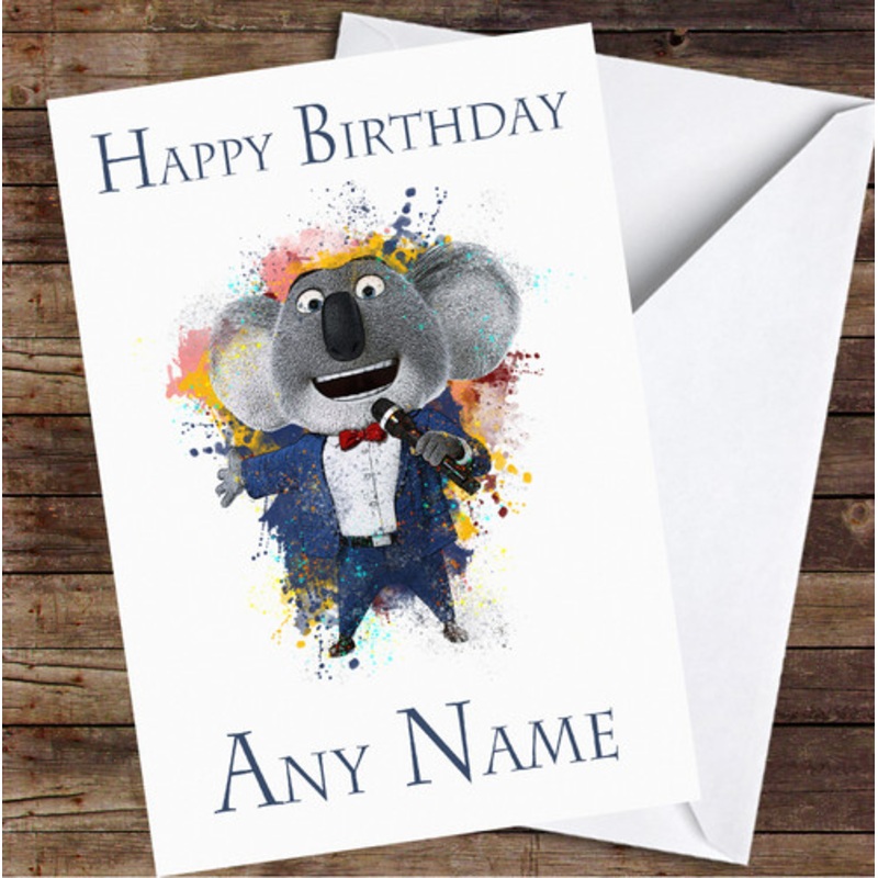 Buster Moon Sing Watercolour Splatter Personalised Birthday Card – The Card Zoo