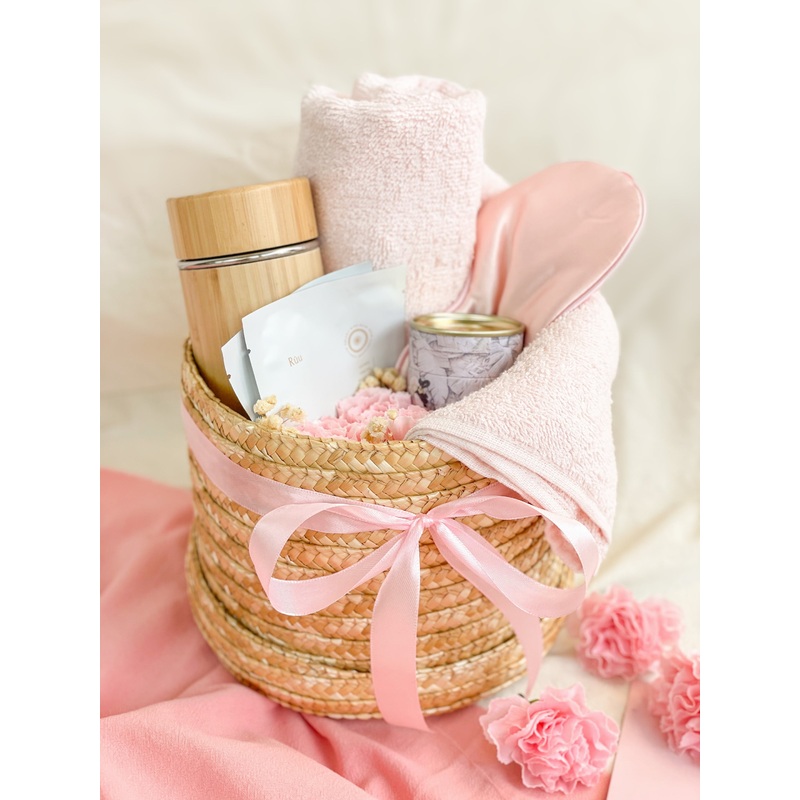 Unconditional Love | Wheat Basket Gift Box With Personalized Tumbler, Eyemask, Bath Towel, Tea And Sheet Mask (Klang Valley Delivery)