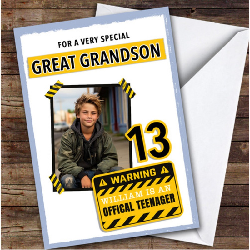 13th Great Grandson Warning Sign Photo Teenager Boys Personalised Birthday Card – The Card Zoo