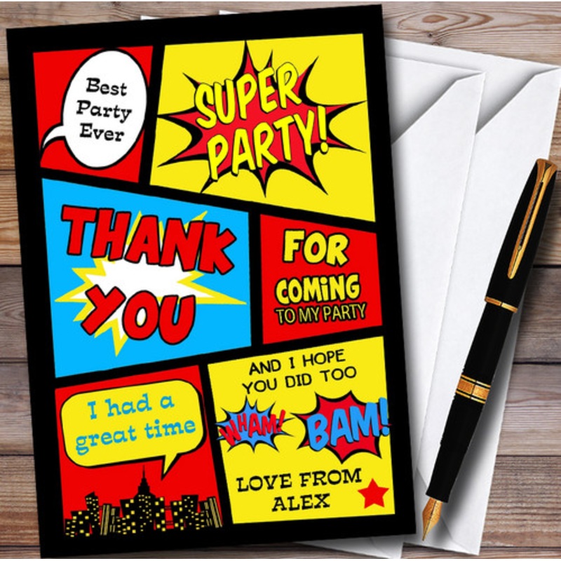 Boys Superhero Comic Personalised Children’s Birthday Party Thank You Cards – The Card Zoo