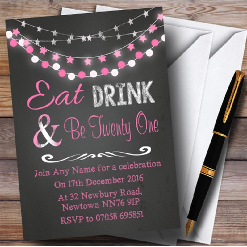 Chalk Pink Lights 21st Personalised Birthday Party Invitations – The Card Zoo