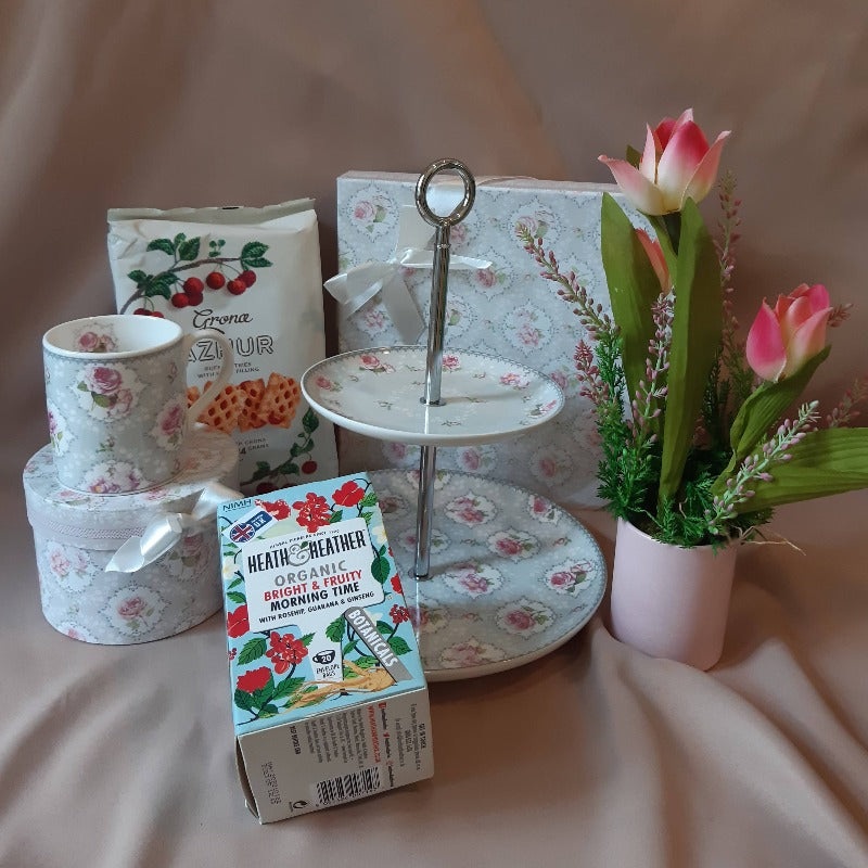 Elegant Tea Time Set With Cake Stand Ceramic Mug, Tea & Puff Pastries (Klang Valley Delivery)