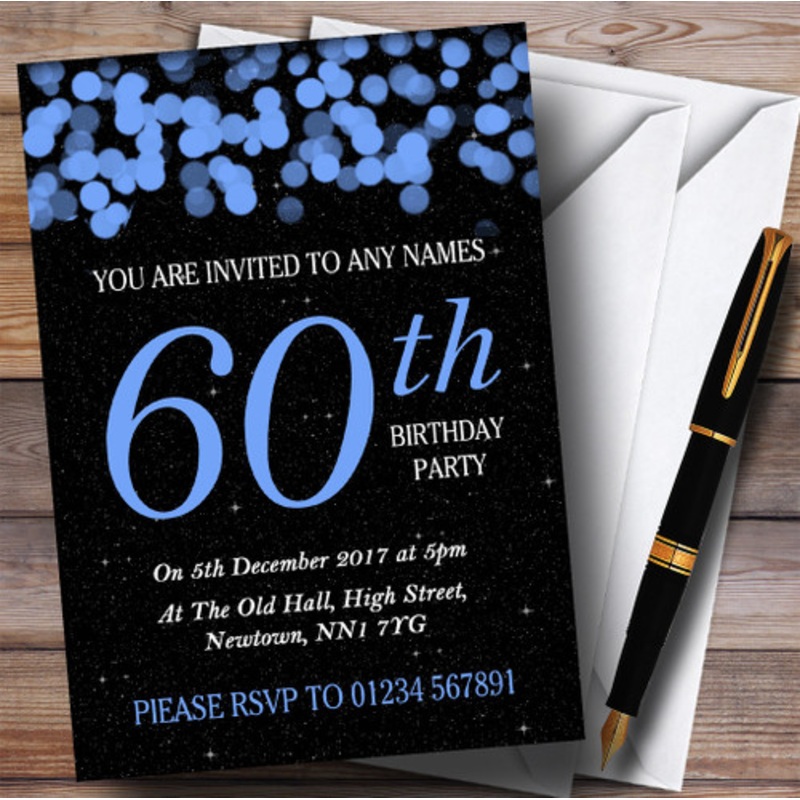 Blue Bokeh and Stars 60th Personalised Birthday Party Invitations – The Card Zoo