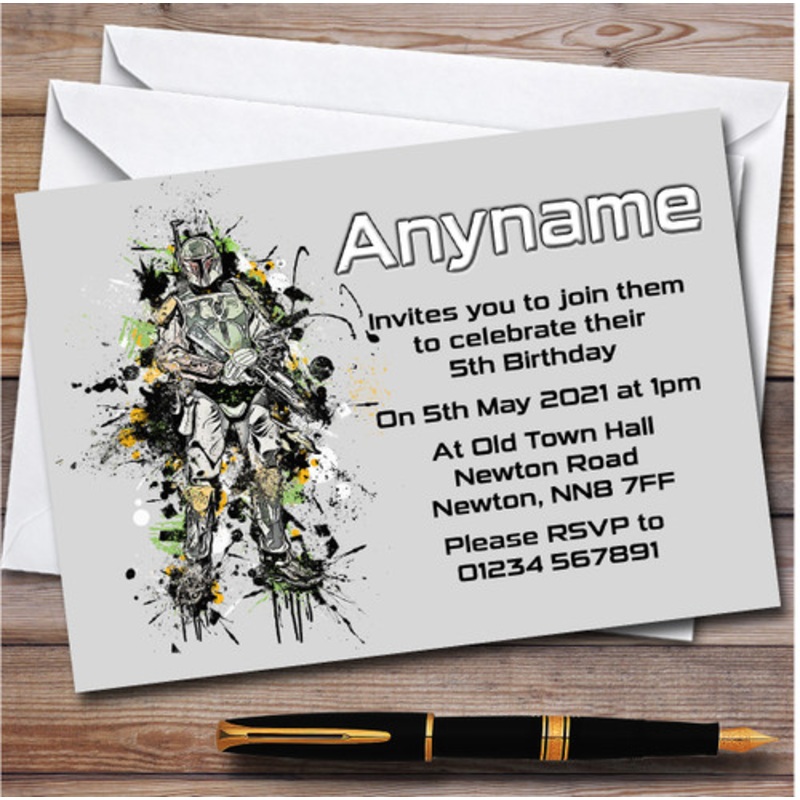 Boba Fett Star Wars Watercolour Splatter Children’s Birthday Party Invitations – The Card Zoo