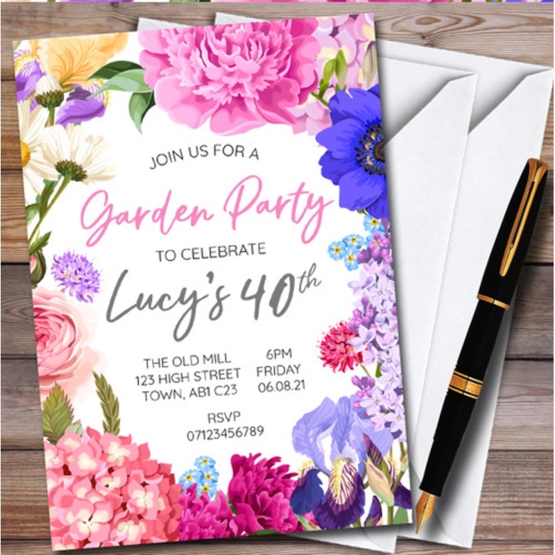 Floral Bright Garden Border Personalised Birthday Party Invitations – The Card Zoo