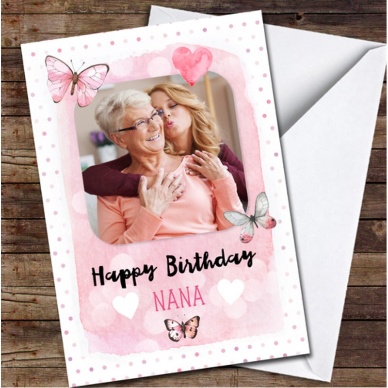 Nana Happy Pink Photo Polka Dot Butterflies Heart Personalised Birthday Card – The Card Zoo