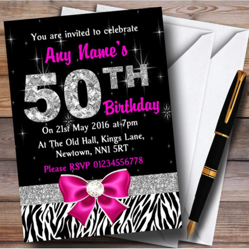 Pink Diamond And Zebra Print 50th Birthday Party Personalised Invitations – The Card Zoo