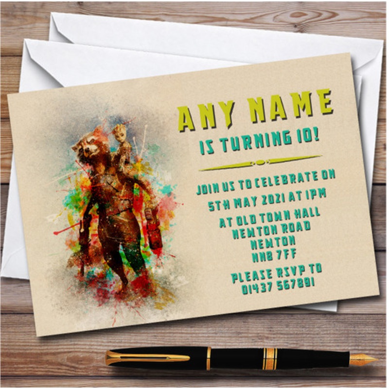 Rocket Raccoon And Groot Vintage Children’s Birthday Party Invitations – The Card Zoo