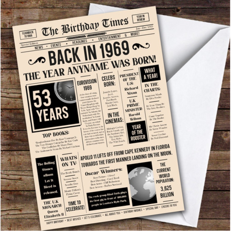 1969 Newspaper Any Age Any Year You Were Born Facts Personalised Birthday Card – The Card Zoo